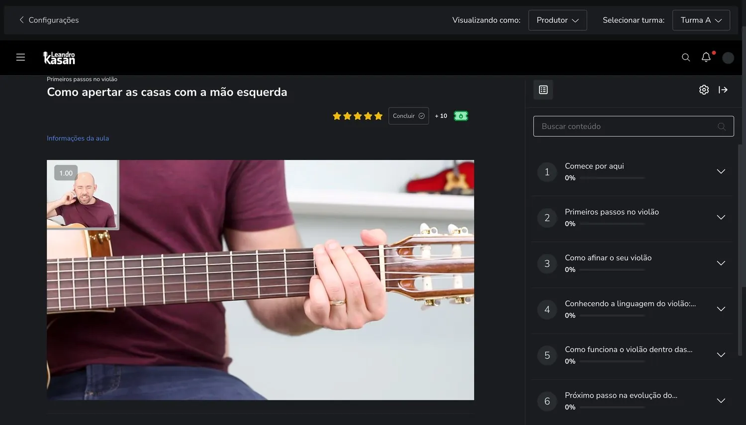 Área de membros do Comece Certo no Violão